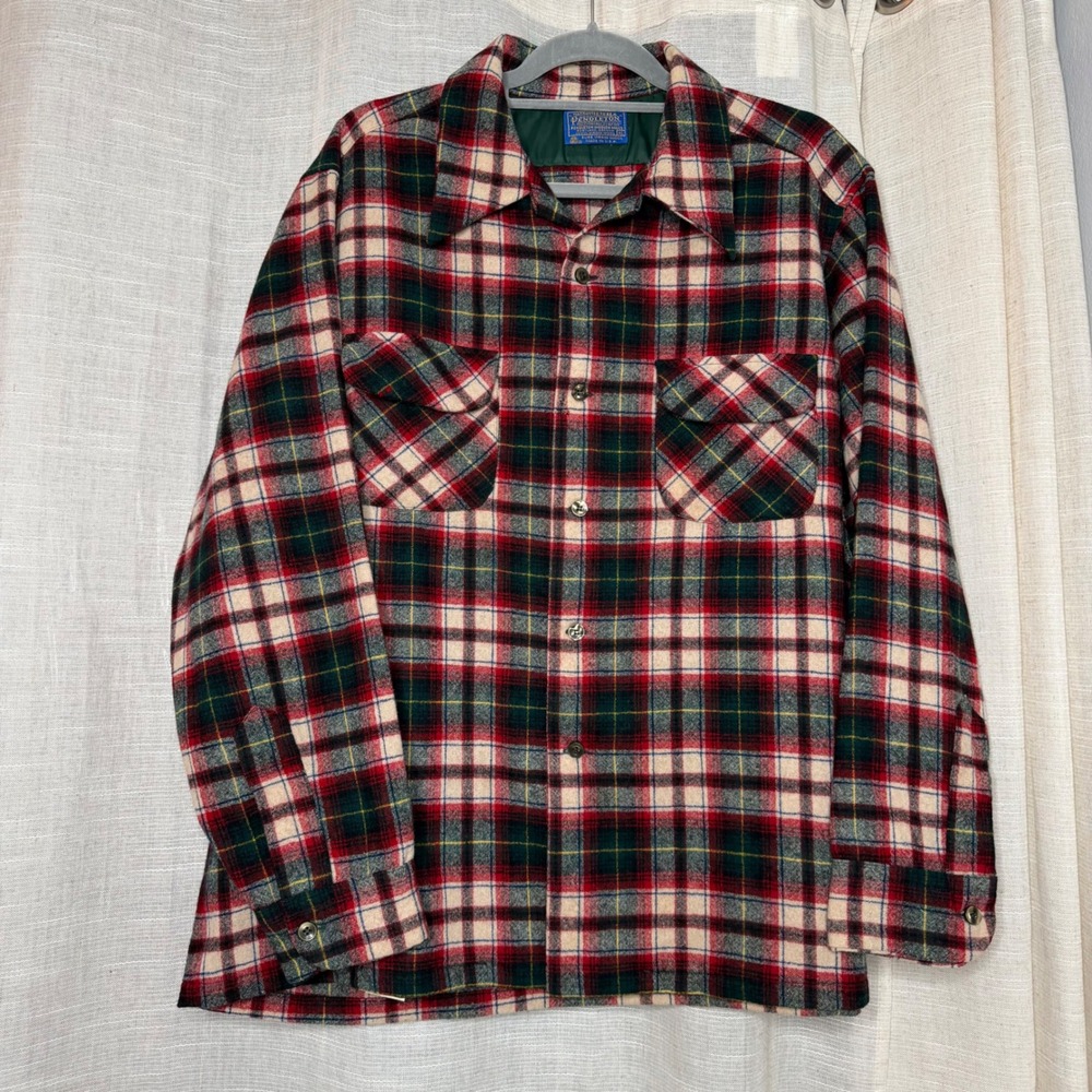 70s Vintage Pendleton Board Shirt Loop Collar Wool Plaid Red USA Men's Size XL